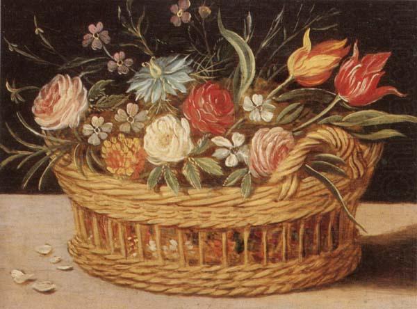 Still life of roses,tulips,chyrsanthemums and cornflowers,in a wicker basket,upon a ledge, unknow artist